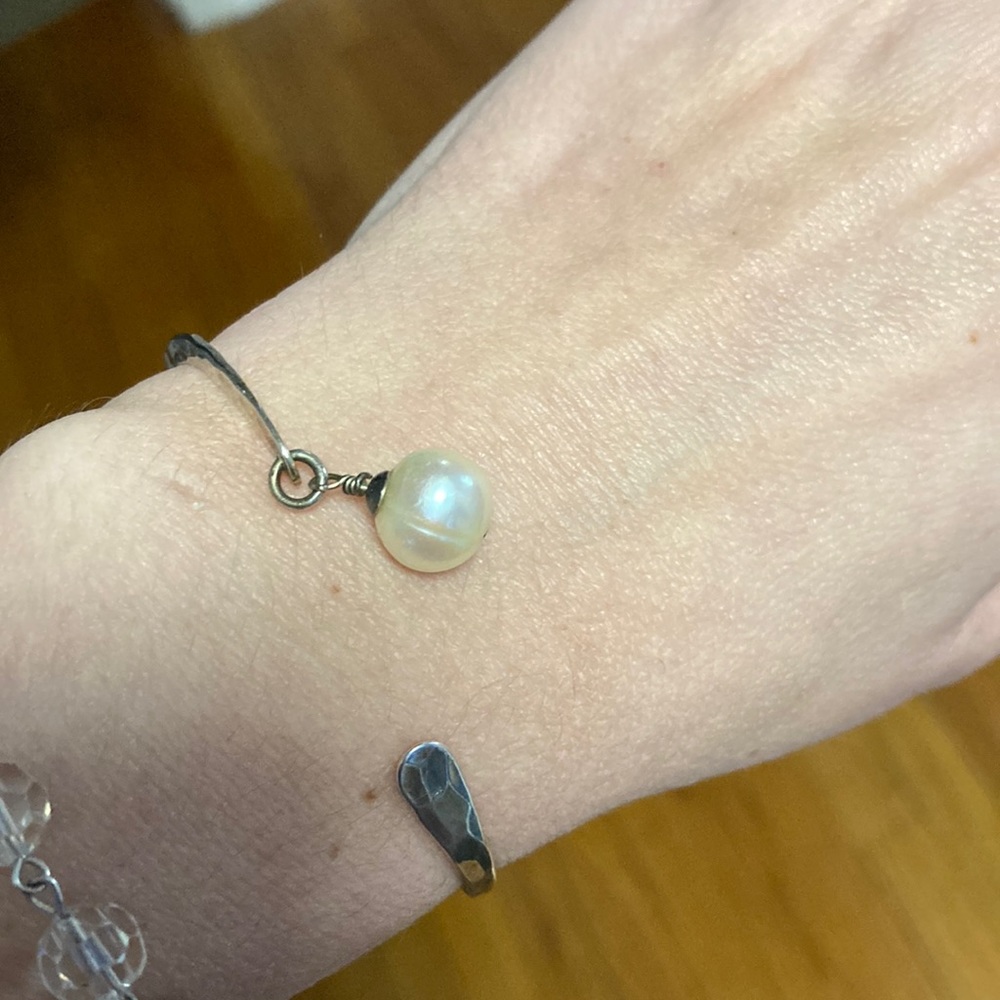 Hammered Sterling Silver Cuff Bracelet with White Pearl Accent - Picture 3 of 11
